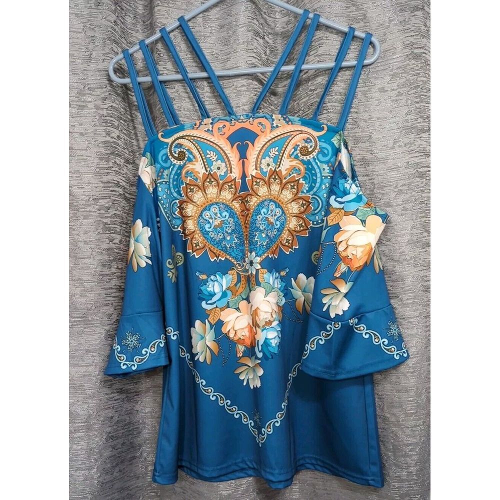 Women's Blue Floral‎ Off Shoulder Blouse Size Large - Picture 7 of 8